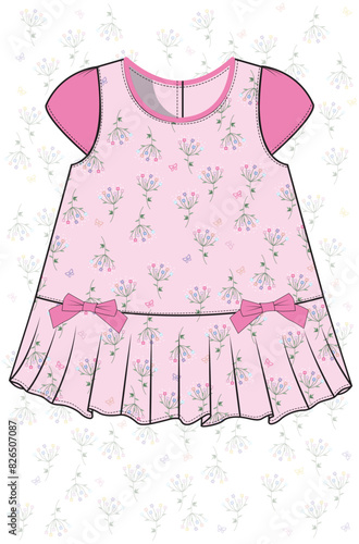 Baby girls short sleeve cute floral print kid wear frock dress with all over print  & bow tie