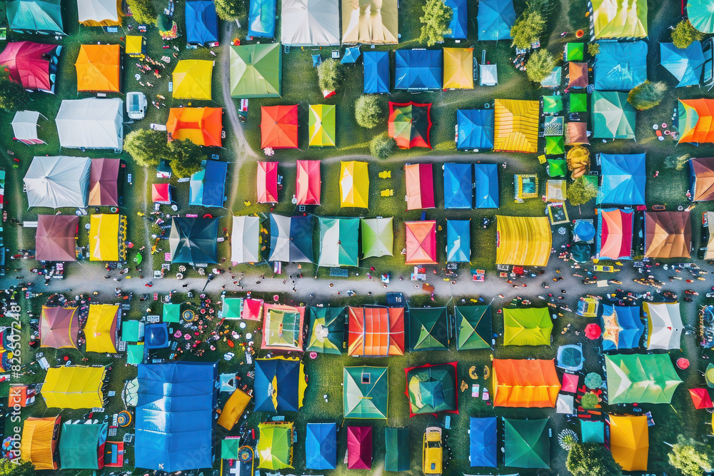 Aerial View of Music Festival with Colorful Tents and Stages Aerial View of Music Festival with Colorful Tents and Stages