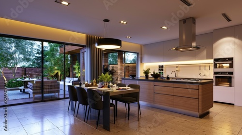 Modern open plan kitchen and dining area with illuminated lamps