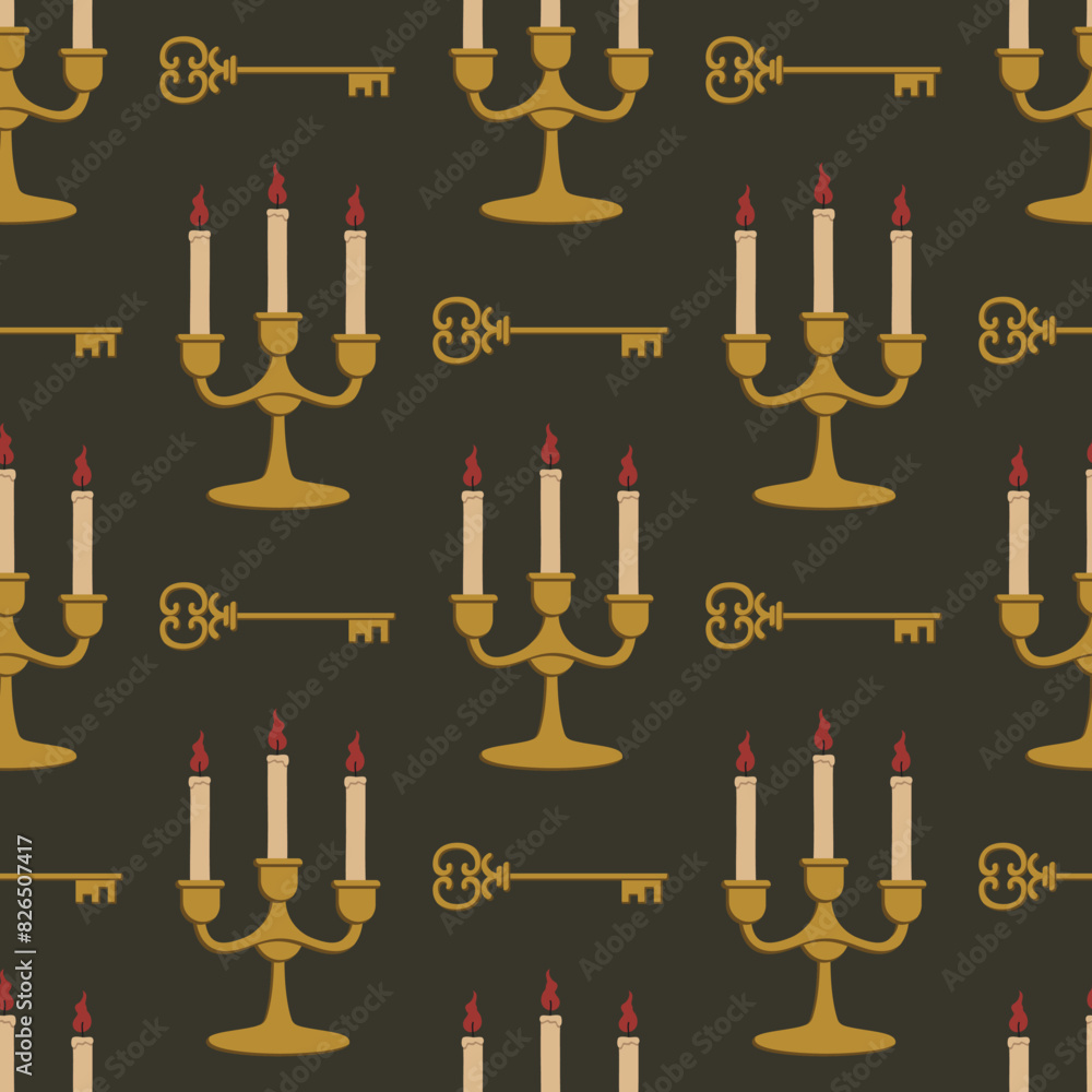 Vector seamless pattern with candelabra and key. Dark academia pattern