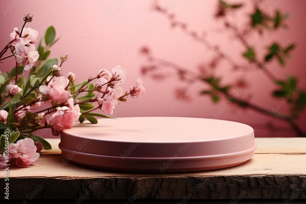 Product display podium with pink floral background. Product display podium with pink floral background.