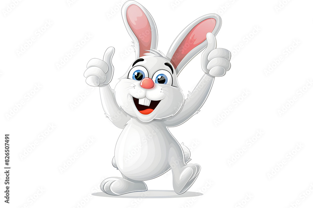Obraz premium Happy cartoon Easter bunny giving thumbs up on white background for World Smile Day celebration.