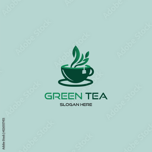 A simple logo design for a green tea company featuring a green cup with green tea leaves inside, sitting on a saucer