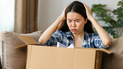 Frustrated woman sitting on sofa with hands on head, looking at an open cardboard box, indicating disappointment with received package.