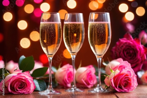 sparkling wine or champagne glasses and pink roses on table for festive romantic celebration