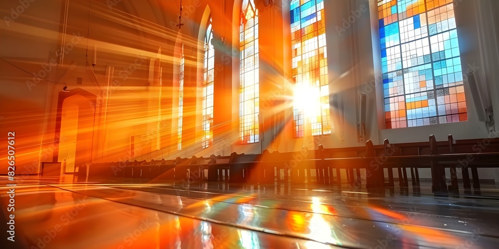 Stained glass windows in Catholic church casting colorful light throughout the space. Concept Colorful Light, Catholic Church, Stained Glass, Spiritual Ambiance, Divine Illumination Stained glass windows in Catholic church casting colorful light throughout the space. Concept Colorful Light, Catholic Church, Stained Glass, Spiritual Ambiance, Divine Illumination