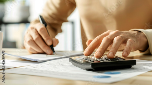 Close-up of a person using a calculator and writing on documents, focusing on calculating finances or expenses, with natural light on the table.