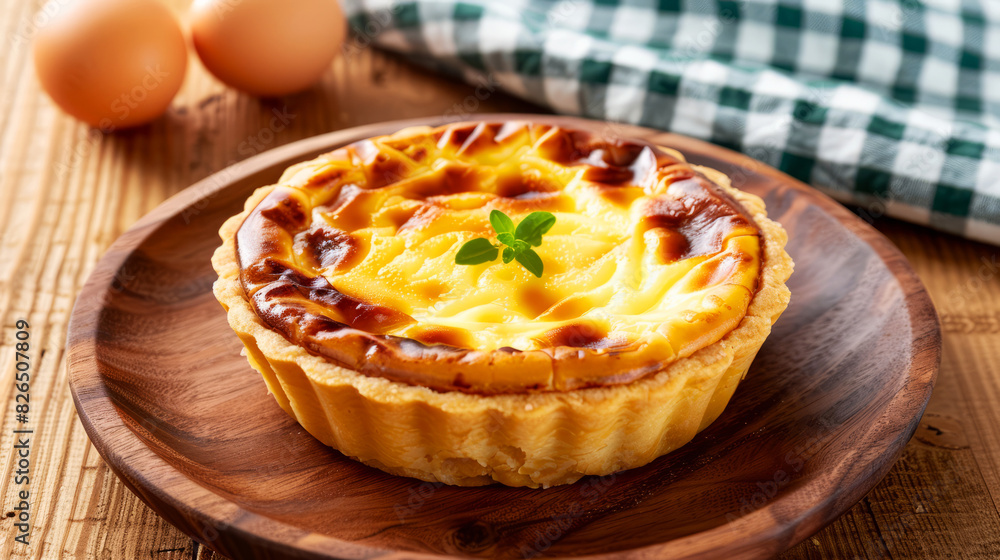 Close-up of Portuguese egg tarts with glossy tops garnished with small green leaves on a wooden board Close-up of Portuguese egg tarts with glossy tops garnished with small green leaves on a wooden board