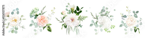 Classic pink rose, white hydrangea, peony, beige ranunculus, mint eucalyptus, fern, sage greenery vector design wedding spring bouquets. Floral summer watercolor. Elements are isolated and editable