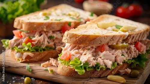 Tuna sandwich with lettuce and tomato on whole grain bread placed on a wooden board with blurred background