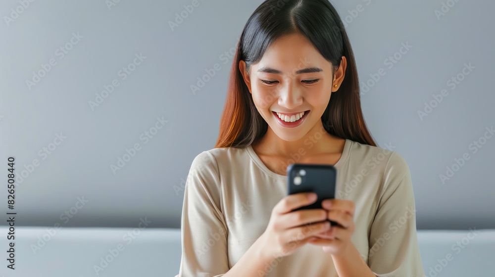 Smiling young woman using a smartphone, engaged and happy, with a casual beige shirt and long hair, sitting indoors. Smiling young woman using a smartphone, engaged and happy, with a casual beige shirt and long hair, sitting indoors.