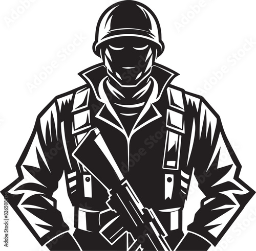 illustration of a soldier with rifle black and white 