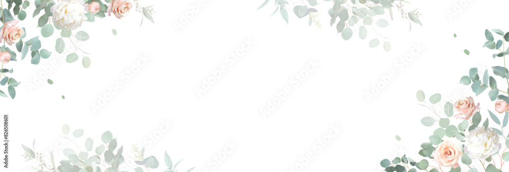 Obraz premium Light pink rose, white peony, blush ranunculus, mint green eucalyptus, greenery, fern vector design frame. Wedding seasonal flower card. Floral watercolor banner composition. Isolated and editable