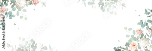 Light pink rose, white peony, blush ranunculus, mint green eucalyptus, greenery, fern vector design frame. Wedding seasonal flower card. Floral watercolor banner composition. Isolated and editable