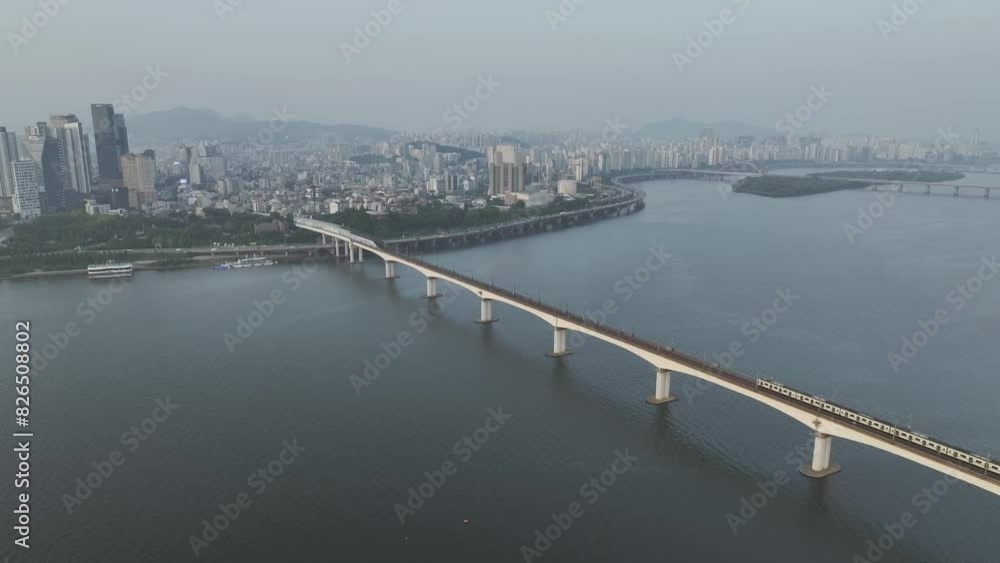 Drone View of Seoul city in South Korea, Dangsan, Han river, summer, sunset Drone View of Seoul city in South Korea, Dangsan, Han river, summer, sunset