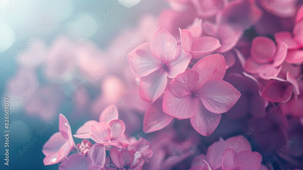 Pink hydrangea flowers with a blurred background viewed from up close