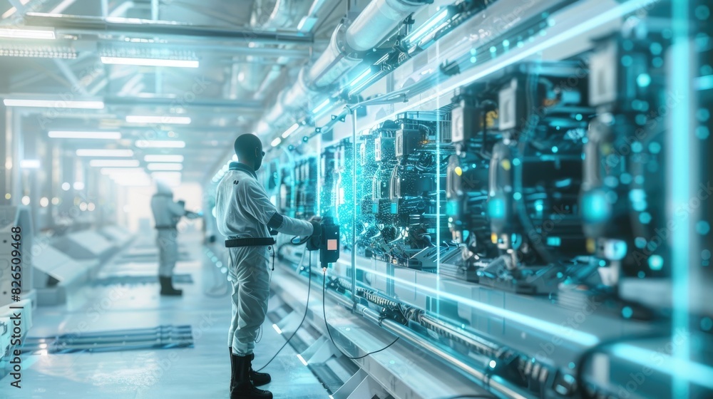 Obraz premium An electric vehicle battery unit in a modern industrial factory. EV trends. Production factory.