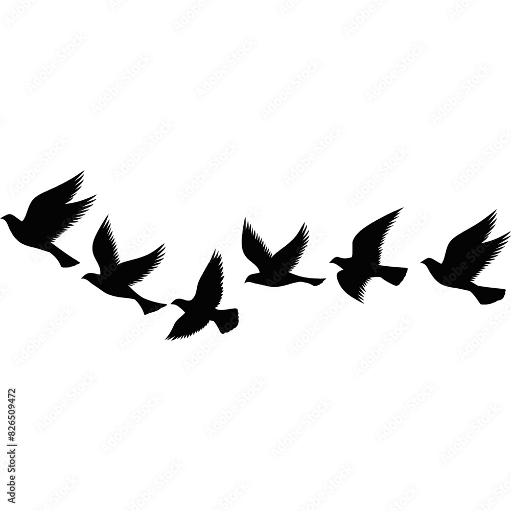 A flock of flying birds. Pigeons Flying Silhouettes. group of birds in the sky A flock of flying birds. Pigeons Flying Silhouettes. group of birds in the sky