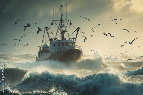 The impact of weather on fishing, Figure in red, Seabirds accompany a fishing trawler riding massive waves, sun piercing through clouds, creating a scene of wild, natural drama. photo