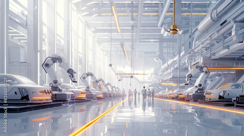 Fototapeta premium An electric vehicle battery unit in a modern industrial factory. EV trends. Production factory.