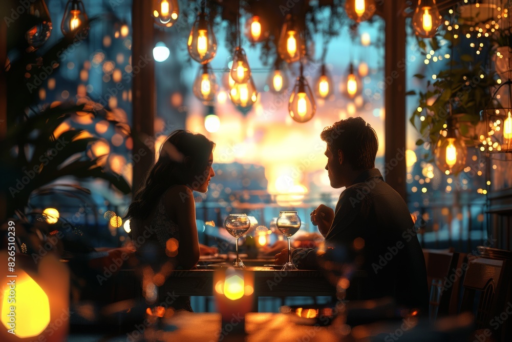 Romantic evening scene in cozy restaurant with warm lighting, decorative hanging bulbs, and intimate atmosphere. Young couple enjoying a date with wine glasses, engaging in heartfelt conversation