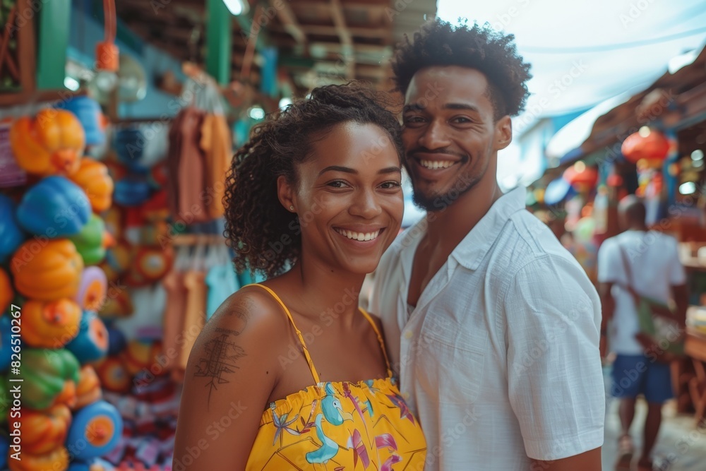 Smiling young African American couple enjoying a day at a colorful street market. Surrounded by vibrant decorations and local products, creating a joyful and lively atmosphere perfect for fun day out. Smiling young African American couple enjoying a day at a colorful street market. Surrounded by vibrant decorations and local products, creating a joyful and lively atmosphere perfect for fun day out.