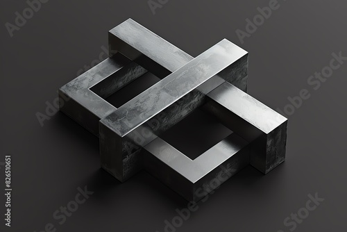 A 3D rendering of two brushed metal impossible shapes interlocked together on a black background.