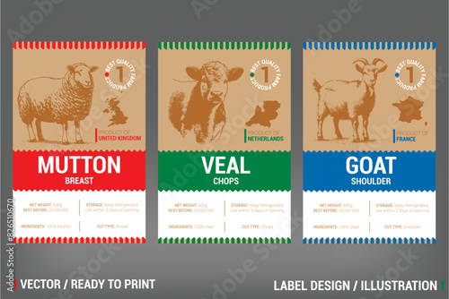 Mutton, Veal and Goat Farm Meat Packaging Label vector design set. Including hand drawn rustic vintage illustration on craft paper pack. Badge with nutrition information, county of produce, storage