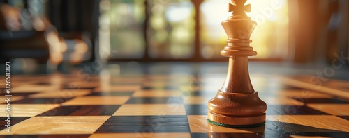 A chessboard with a victorious king piece standing, symbolizing strategic success