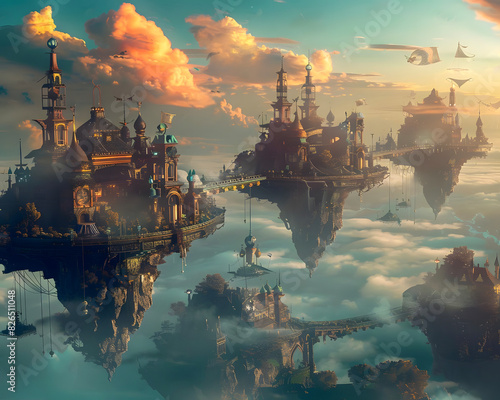 A beautiful floating steampunk city with airships.  The city is made up of a variety of buildings, including towers, houses, and bridges. The sky is filled with clouds © Niphon