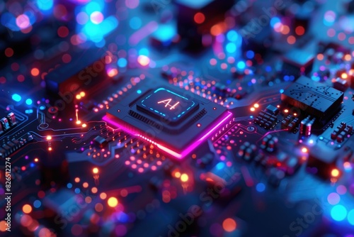 Artificial Intelligence (AI) concept, Abstract AI processor and quantum computer background.