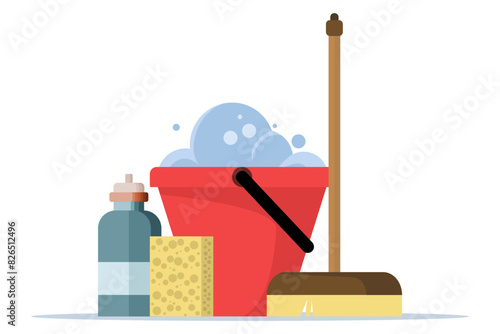 Cleaning equipment concept, water bucket icon, flat cartoon pail or pail with foam and bubbles, brush, foam sponge and soap, flat vector illustration isolated on background.