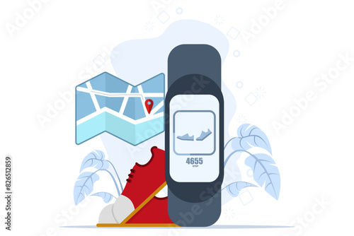 Bracelet Bracelet concept with running activity and fitness tracking app on mobile phone screen, smart phone with running tracker and bracelet, walking steps against sports technology on mobile phone.