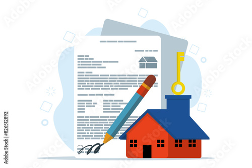 Home or property buying concept, beautiful house with house purchase form, handover of documents, agreement form. house agreement in real estate agent concept. flat vector illustration on background.