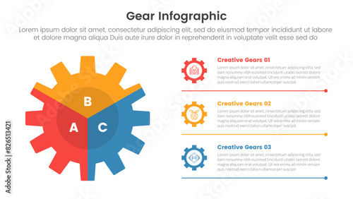 gear cogwheel infographic template banner with big shape slice separation and line bottom description with 3 point list information for slide presentation