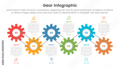 gear cogwheel infographic template banner with gear line cable connection up and down with 6 point list information for slide presentation