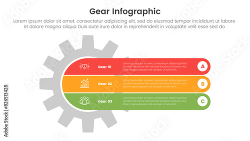 gear cogwheel infographic template banner with round rectangle through gear with 3 point list information for slide presentation