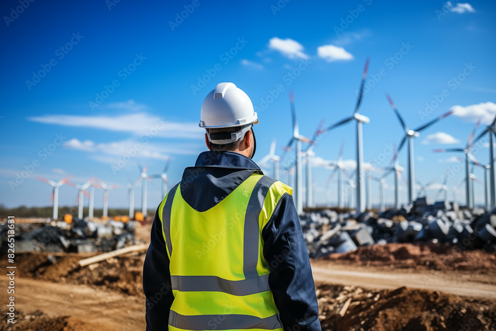 Engineers working with tablet on wind turbine farm background, Alternative energy sources concept, sustainability. Engineers working with tablet on wind turbine farm background, Alternative energy sources concept, sustainability.