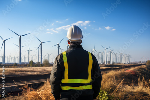 Engineers working with tablet on wind turbine farm background, Alternative energy sources concept, sustainability. © kitipol