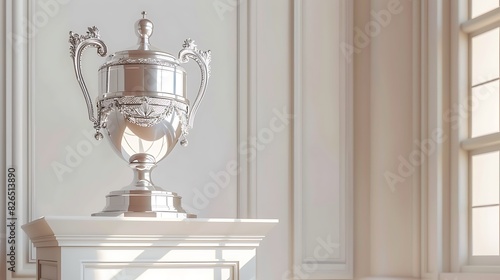 Elegant silver trophy standing proudly on a clean white pedestal, radiating sophistication and prestige.