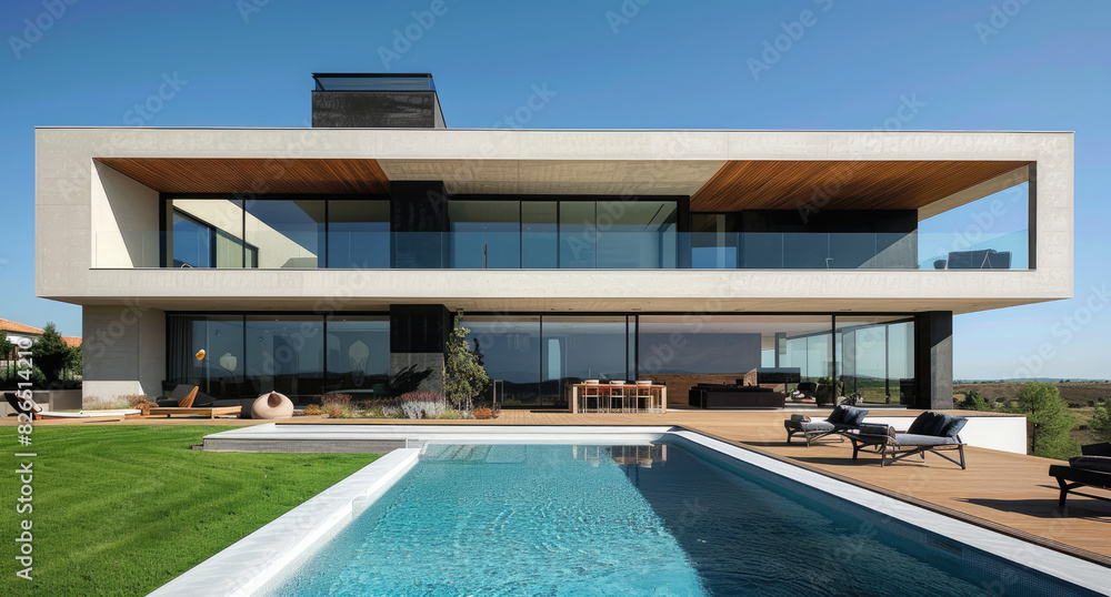 A modern house with a pool and terrace, swimming design, white walls, wooden floor