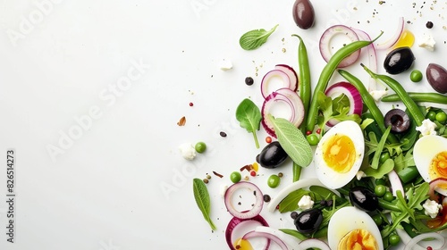 Fresh Ingredients for Nic?oise Salad - Green Beans, Black Olives, Sliced Red Onions, and Boiled Eggs - Ideal for Print, Card, or Poster Design photo