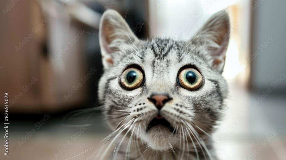 an American Shorthair Cat against a cozy home background, showcasing its distinctive markings and expressive eyes.