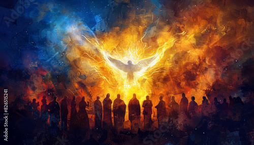 A fiery dove descends upon a crowd of people, symbolizing divine intervention and spiritual awakening. photo