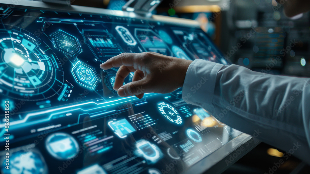 Close-up of a person's hand using a futuristic touchscreen interface with holographic data displays in a high-tech environment.  Person Interacting with Futuristic Touchscreen Interface

