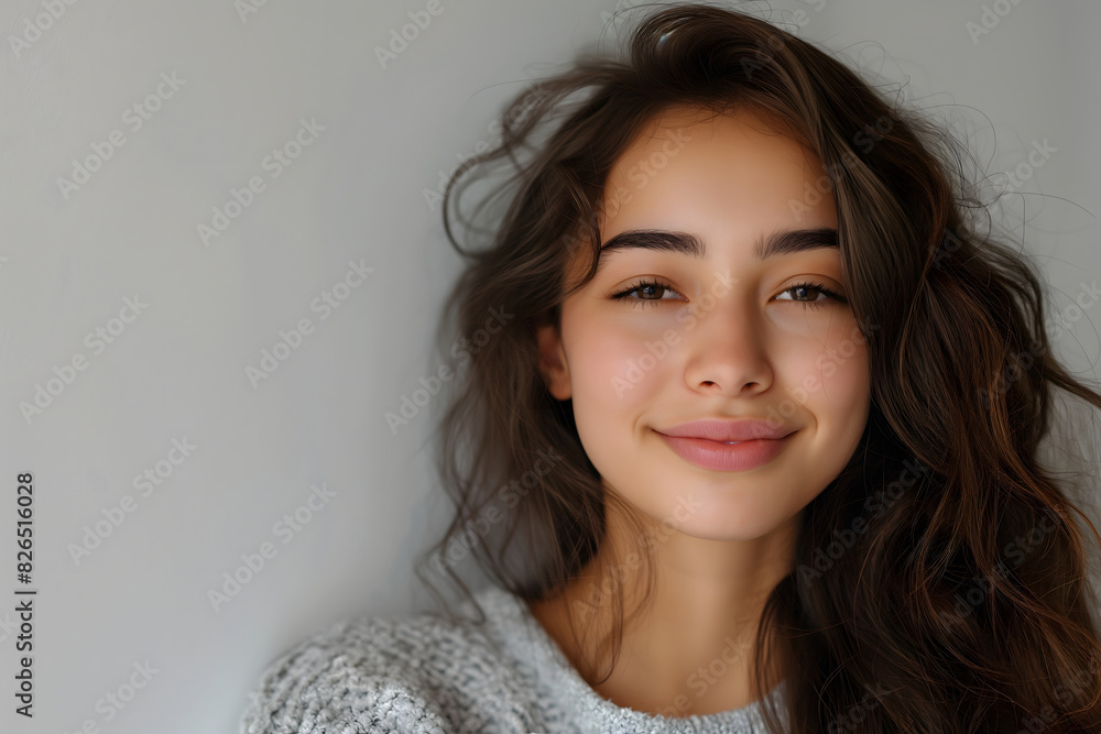 Naklejka premium Natural Beauty Portrait of a Young Woman with a Gentle Smile and Flowing Hair