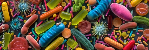 Various colored candies displayed on a table