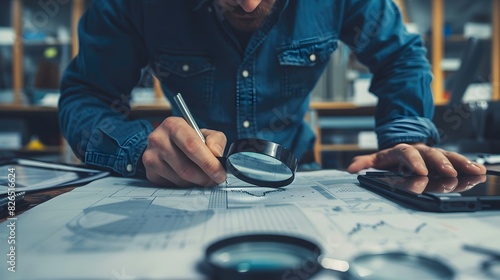 close-up of engineers examining a detailed technical blueprint , engineers collaborating on a technical schematics photo