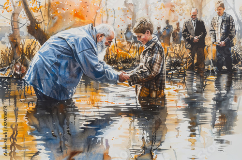A man baptizes a young boy in a shallow river, surrounded by onlookers. The scene evokes a sense of faith and tradition. photo