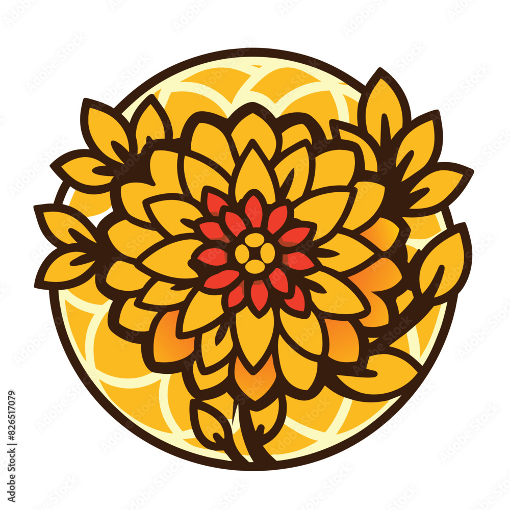 Yellow Flower with Red Center in a Circular Design Yellow Flower with Red Center in a Circular Design